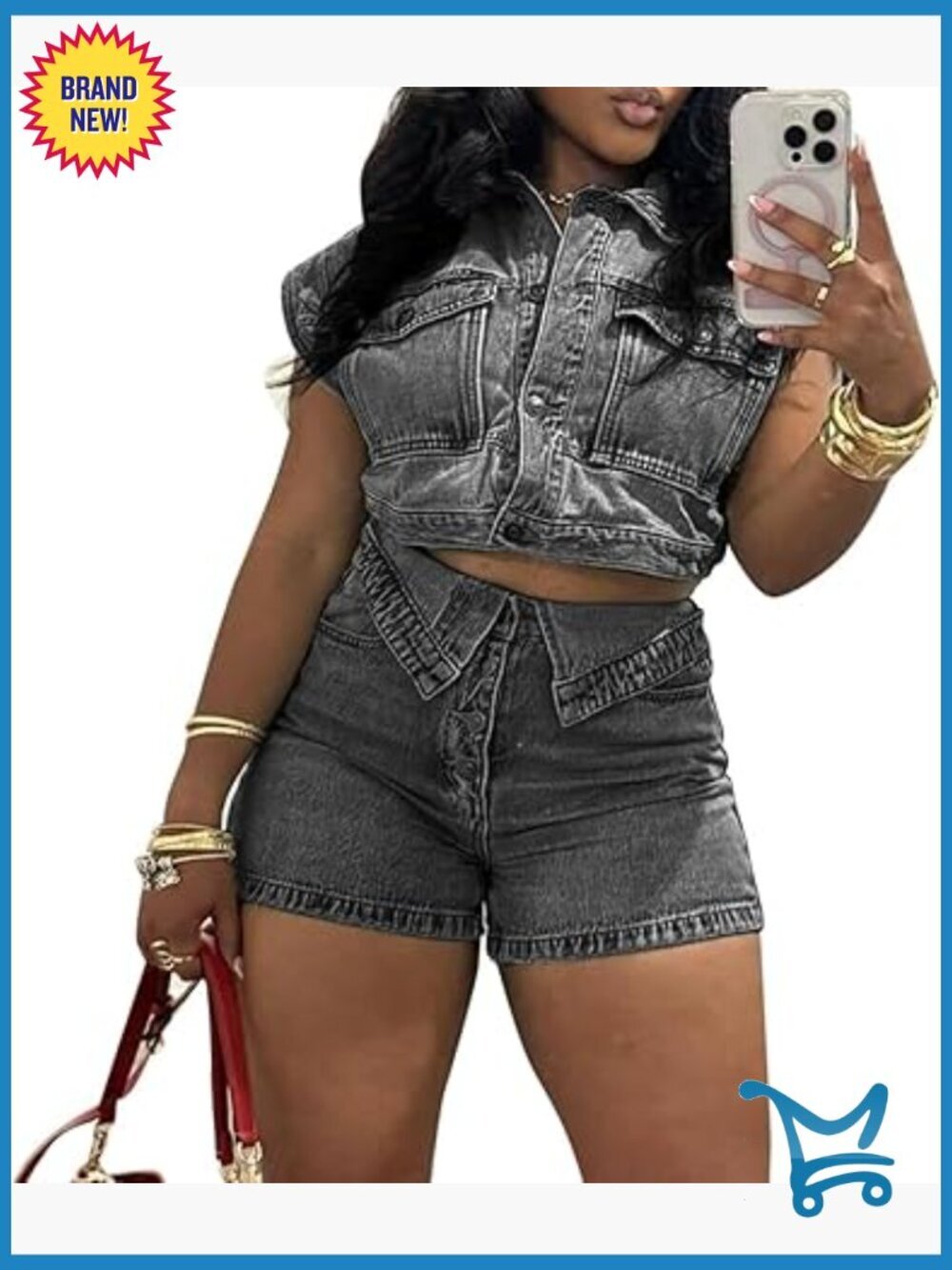Denim Crop Jacket & Shorts 2-Piece Set Women's Sexy Summer Outfit